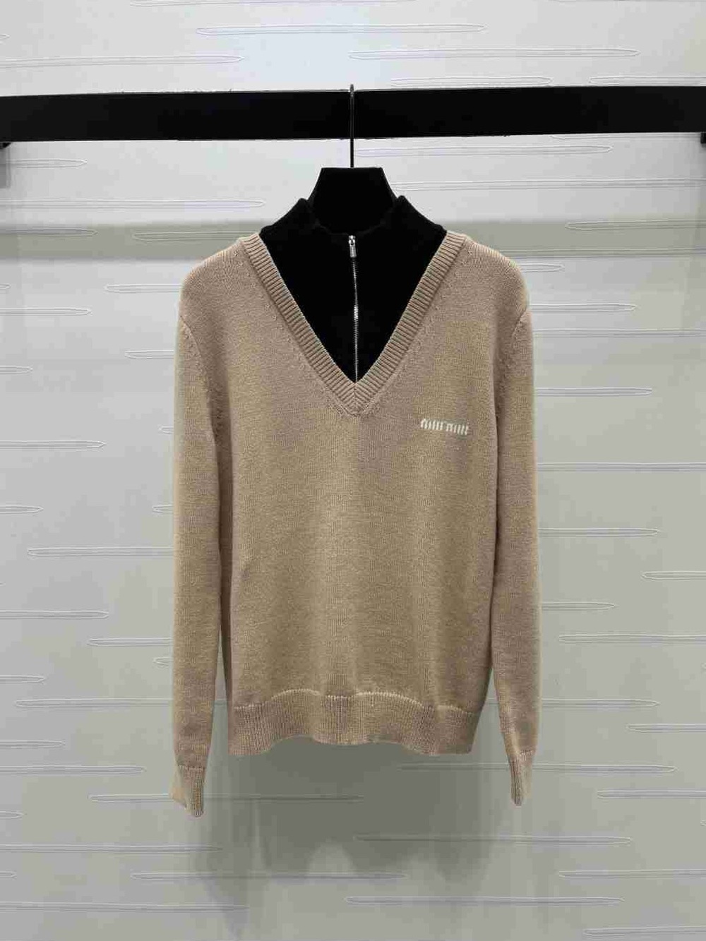 Miu Miu Beige V-Neck Knit Pullover